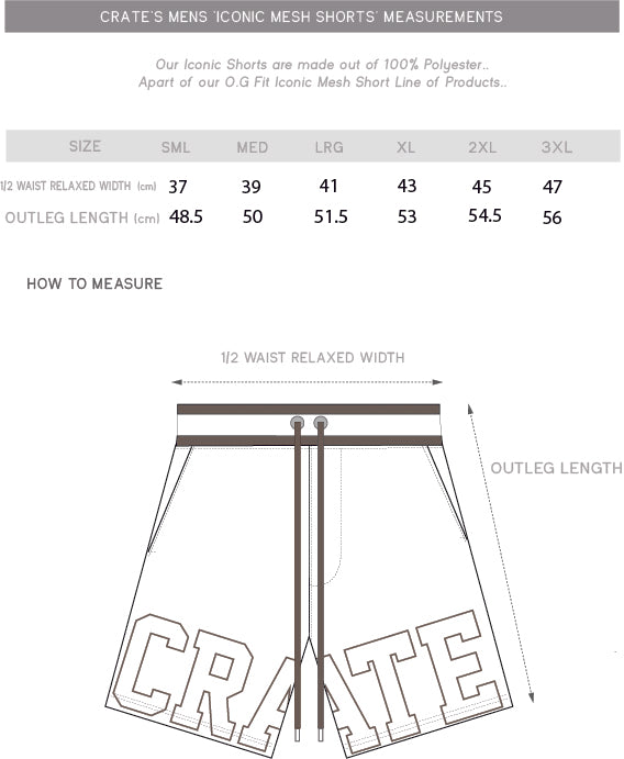 iconic mesh shorts size chart