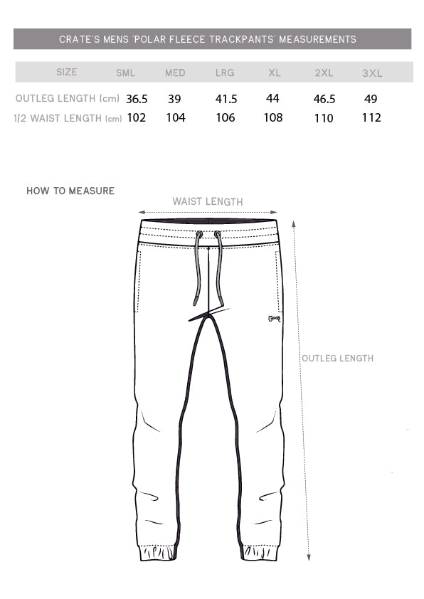 polar fleece track pants size chart