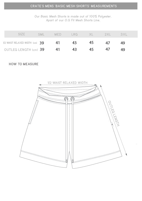 Basic Mesh Short Size Chart