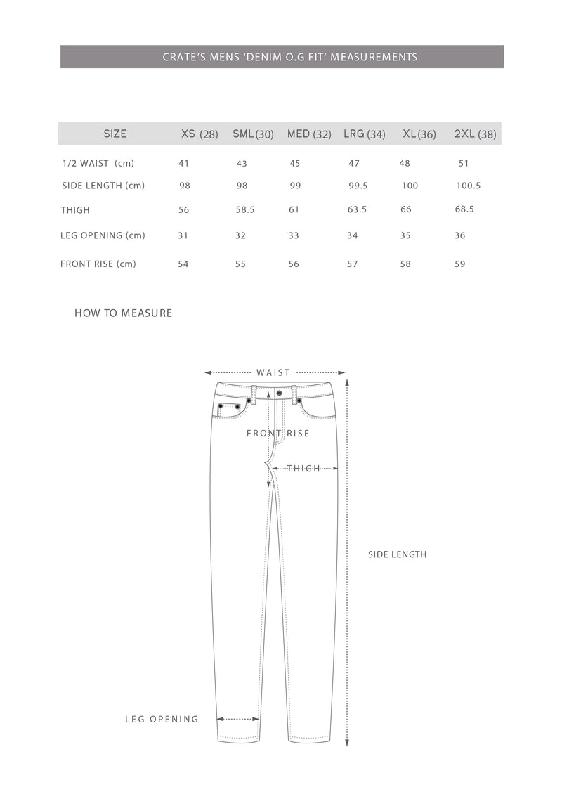 slim denim fit size chart