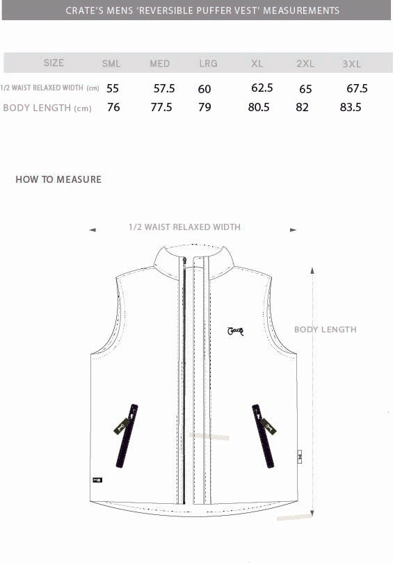 Reversible puffer vest size chart